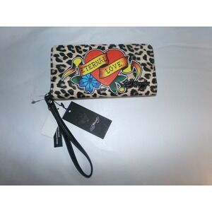 Ed Hardy Eternal Love Leopard Print Vegan Leather Zip Around Wristlet Wallet NEW
